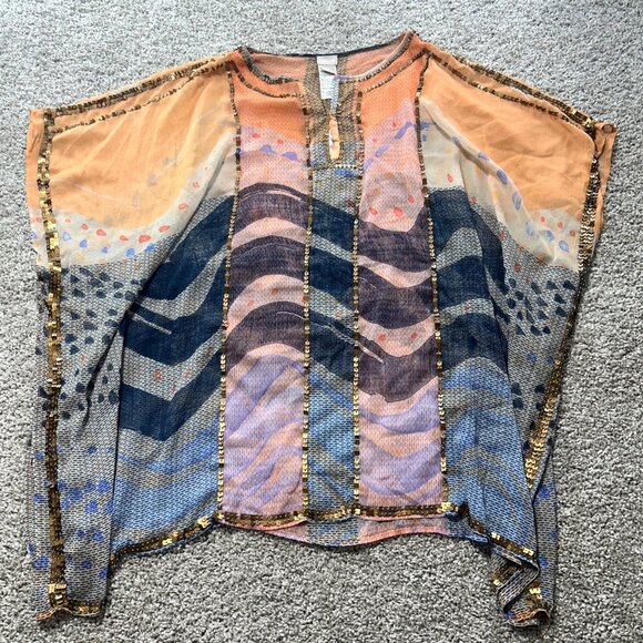 Chicos Womens L/XL Multicolor Sequin-Trim Sheer Poncho Tunic Top - Picture 7 of 7